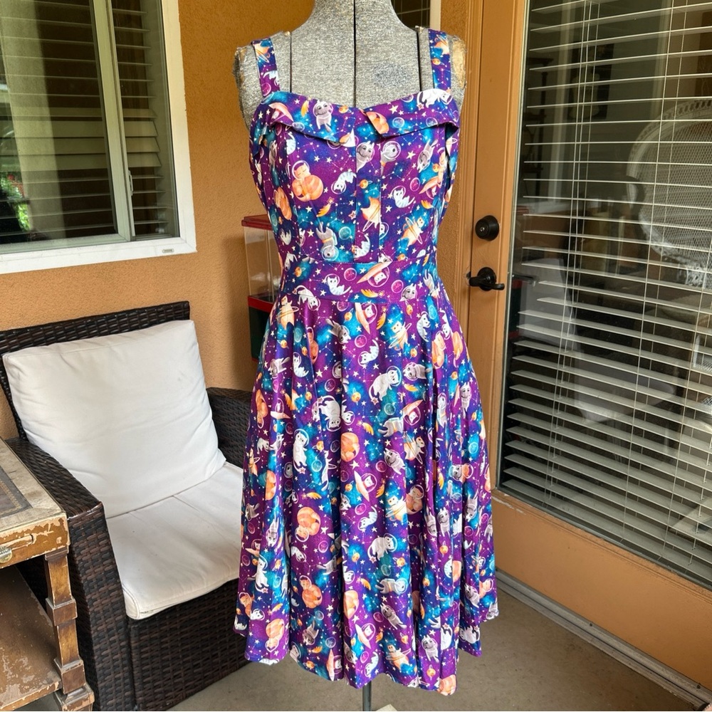 NWT Miss Lulo Kyla Space Cats Tank Dress Medium Purple Soysilk Blend Retro